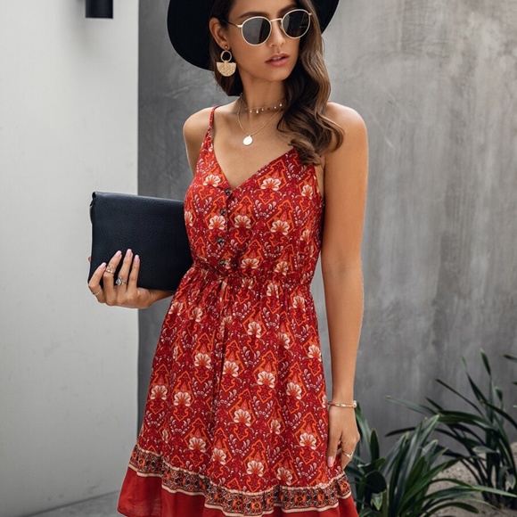 Boho Hippie Gypsy Floral Midi Dress - red - Picture 5 of 8